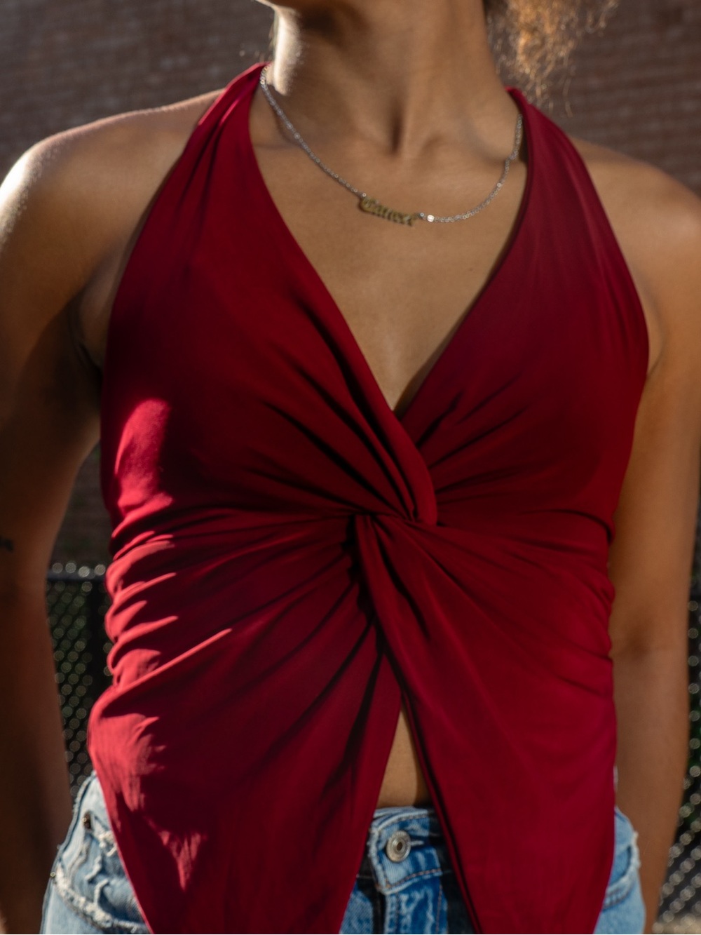Windsor Deep Red Twist-Front Halter Camisole